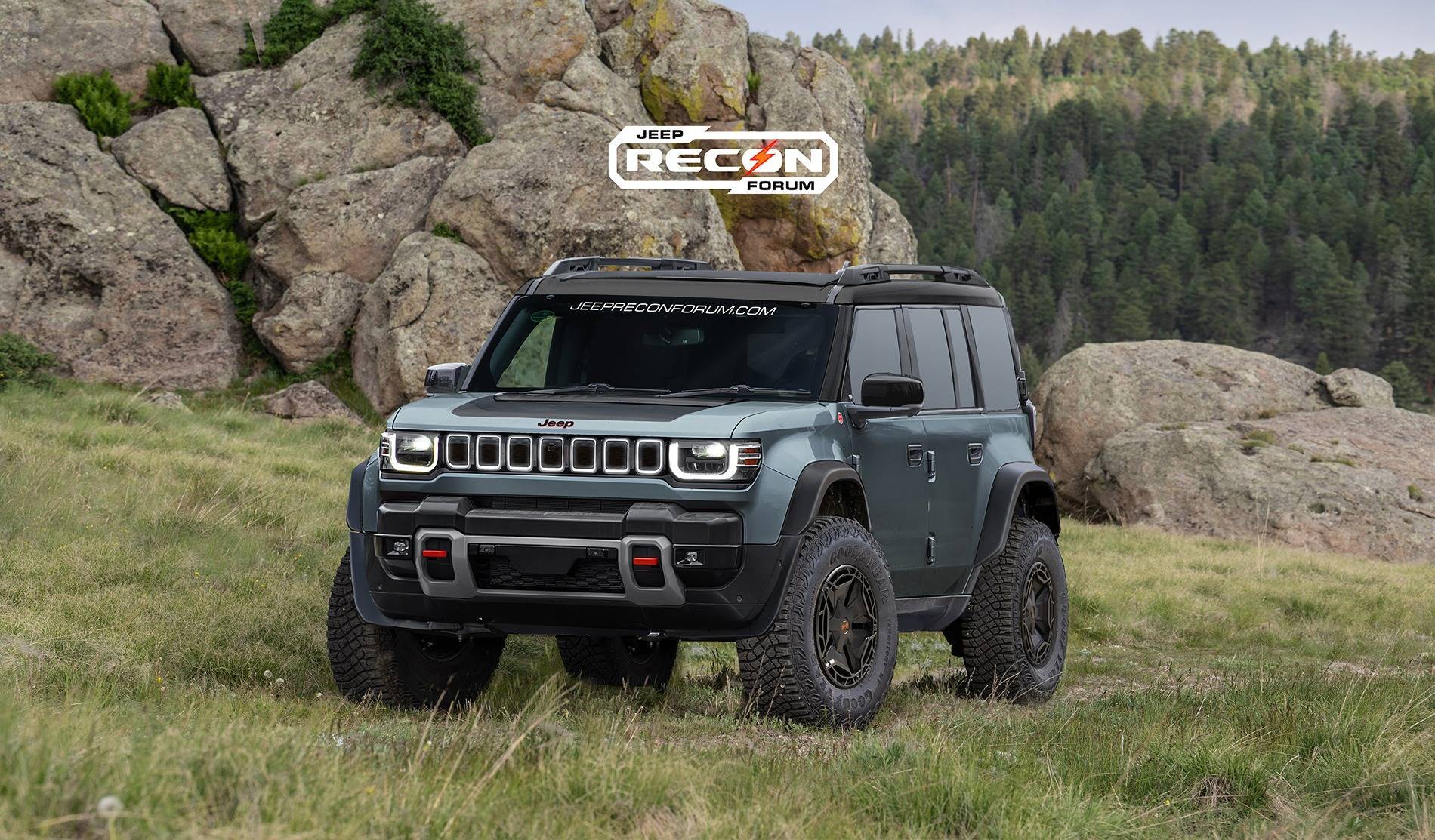 Jeep Recon EV Preview: 2026 Jeep Recons w/ Lift Kit, 35's, Fender Flares, Winch Bumper, Bull Bar Jeep Recon SE Front 1 Grey